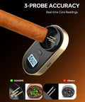 Pro-Grade Digital Cigar Hygrometer With 3-Probe Core Moisture Meter For Humidor Humidity And Ambient Sensing, Real-Time Cigar Moisture Readout, Ultra Precise, Easy To Read Display, Gold Finish showing cigar probe readings
