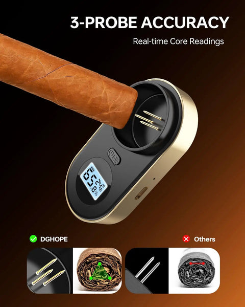 Pro-Grade Digital Cigar Hygrometer With 3-Probe Core Moisture Meter For Humidor Humidity And Ambient Sensing, Real-Time Cigar Moisture Readout, Ultra Precise, Easy To Read Display, Gold Finish showing cigar probe readings