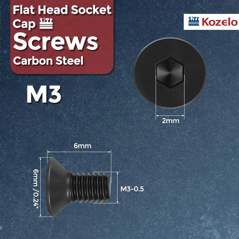 Image of 50 Piece Heavy Duty Flat Head Socket Cap Screws Built From Kickass Carbon Steel For Slick Assembly Work Knockout M3 Countersunk Bolts with dimensions.
