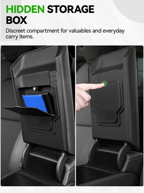 Hidden storage box feature from Tesla Model Y Juniper 10-Piece Center Console Organizer Tray Set for 2025 2026 models.