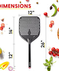Perforated 12 Inch Pizza Peel, Metal Pizza Turner For All Ovens, Indoor Outdoor Use, Lightweight And Durable Anodized Aluminum With Heat Resistant Handle, Easy Slide And Flip Spatula, Black Kitchen Tool with dimensions