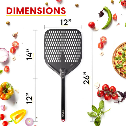 Perforated 12 Inch Pizza Peel, Metal Pizza Turner For All Ovens, Indoor Outdoor Use, Lightweight And Durable Anodized Aluminum With Heat Resistant Handle, Easy Slide And Flip Spatula, Black Kitchen Tool with dimensions