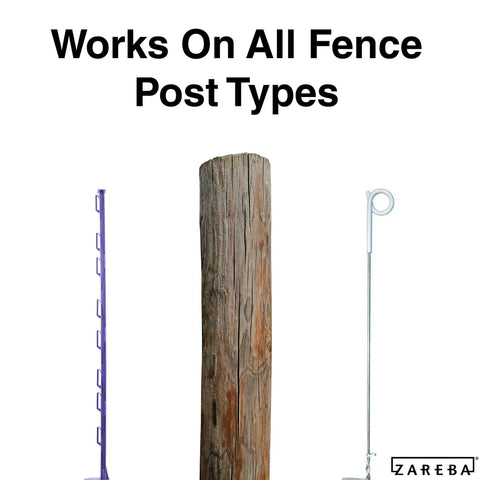 17 Gauge Aluminum Wire For Electric Fencing, 250 Ft, 8 Pack, shown with plastic, wood, and metal fence posts