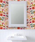 Wildflowers Floral Wallpaper Featuring Hella Smooth Matte Linen Texture And Truly PVC Free Composition Professional Grade Type II Paste Ready Wallcovering Super Durable Accent Decor For Modern Homes, installed in bathroom with white sink and mirror.