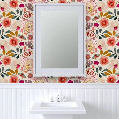 Wildflowers Floral Wallpaper Featuring Hella Smooth Matte Linen Texture And Truly PVC Free Composition Professional Grade Type II Paste Ready Wallcovering Super Durable Accent Decor For Modern Homes, installed in bathroom with white sink and mirror.