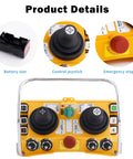 12V Wireless Crane Remote With Dual Joystick, 5 Speed Rockers, 6 Buttons, 4 Toggle Switches, Emergency Stop Button shown