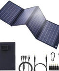 40W Foldable Solar Panel Charger With USB C PD And USB A QC Fast Charging, 12V DC MPPT, IP67 Waterproof, accessories visible