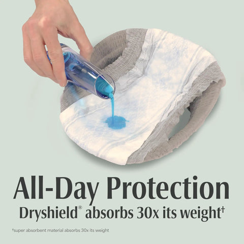 Fresh Protection Maximum Absorbency Incontinence Underwear For Men, Disposable Large Size 35 To 43 Inches Waist, 28 Count, Grey, Packaging May Vary, shown absorbing liquid with DryGuard core.