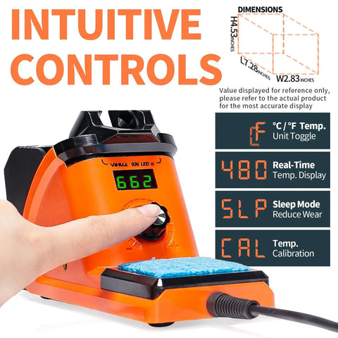Close-up of 60W LED Display Soldering Station Kit with intuitive temperature controls and digital display focus, 4.53x2.83 inches