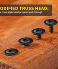 Wood Screws Assortment Kit Eight Sizes From Half Inch To Two Inch 220 Pieces Built Tough High Hardness Black Phillips Truss Head Self Tapping Screws With Electrophoresis Finish For Home DIY Projects And Everyday Repairs; close-up of black truss head screws on wood surface. 