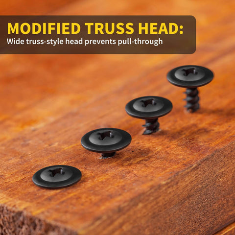 Wood Screws Assortment Kit Eight Sizes From Half Inch To Two Inch 220 Pieces Built Tough High Hardness Black Phillips Truss Head Self Tapping Screws With Electrophoresis Finish For Home DIY Projects And Everyday Repairs; close-up of black truss head screws on wood surface. 