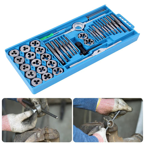 Kickstart Your Metalworking Projects With This Awesome 40 Piece Tap And Die Set Built From Tough Steel For Spot On Threading Accuracy Across Cast Iron Low Carbon Steel And Various Metals In Fine Thread Varieties, blue case with taps, dies and wrenches