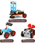 Three kits from Five In One Robotics Kit For Kids Aged 8 To 12: obstacle avoidance robot, solar-powered car, wind-powered car.