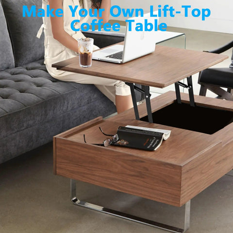 Heavy Duty Coffee Table Lift Top Hardware With Hydraulic Gas Spring Mechanism, Straight Up 4 Piece DIY Lifting Hinge Kit in use, showcasing workspace.