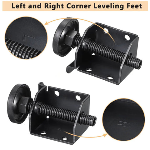 Heavy Duty Adjustable Furniture Leveler Feet With Corner Edge Guards And Tight Lock Nuts showing left and right corner leveling feet.