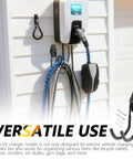 Heavy Duty EV Charger Holder Wall Mount With Non Slip J Hook, 66 Pound EV Cable Organizer Rack mounted with charging cables.