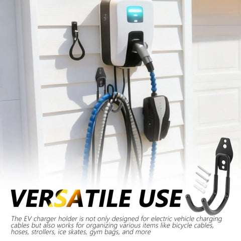 Heavy Duty EV Charger Holder Wall Mount With Non Slip J Hook, 66 Pound EV Cable Organizer Rack mounted with charging cables.