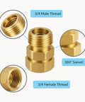 Two Pack Garden Hose Swivel Connector Three Quarter Inch GHT, 360 Degree Rotating Brass Hose Adapters to Prevent Twists and Kinks, Durable Corrosion Resistant, Easy Install, Heavy Duty Water Flow, 3/4 male and female thread