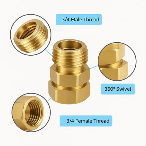 Two Pack Garden Hose Swivel Connector Three Quarter Inch GHT, 360 Degree Rotating Brass Hose Adapters to Prevent Twists and Kinks, Durable Corrosion Resistant, Easy Install, Heavy Duty Water Flow, 3/4 male and female thread