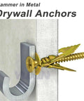 Self-Drilling Drywall Anchors Kit 12x30mm With Screws for Plasterboard Fixing, Premium Yellow Zinc-Plated Carbon Steel, Rust-Resistant No-Prep Install, Quick Mount for TVs, Shelves, Cabinets, and Wall Decor, shown in drywall cross-section