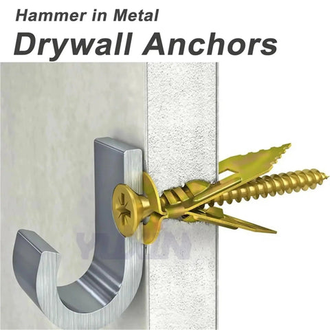 Self-Drilling Drywall Anchors Kit 12x30mm With Screws for Plasterboard Fixing, Premium Yellow Zinc-Plated Carbon Steel, Rust-Resistant No-Prep Install, Quick Mount for TVs, Shelves, Cabinets, and Wall Decor, shown in drywall cross-section