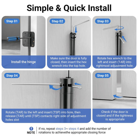 Step-by-step installation guide for 3 Pack Self Closing Door Hinges 4 Inch Matte Black with adjustable tension.