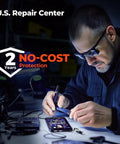 Technician repairing smartphone at U.S. Repair Center with 2-year no-cost protection offer.