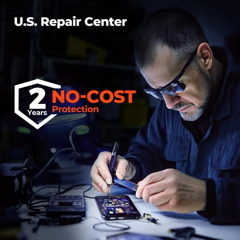 Technician repairing smartphone at U.S. Repair Center with 2-year no-cost protection offer.