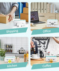 Bluetooth Thermal Shipping Label Printer For 4x6 Labels at home and office setups, versatile for shipping, kitchen, and coffee uses.
