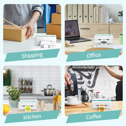 Bluetooth Thermal Shipping Label Printer For 4x6 Labels at home and office setups, versatile for shipping, kitchen, and coffee uses.