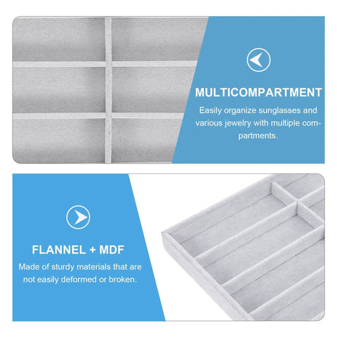 Stay Super Fresh With This Hella Soft Gray Velvet Jewelry Organizer Tray Featuring Eight Quick Grab Grids, Sleek Watch And Sunglasses Display Plate, Portable Drawer Storage. Multi-compartment gray velvet organizer with sturdy flannel and MDF.