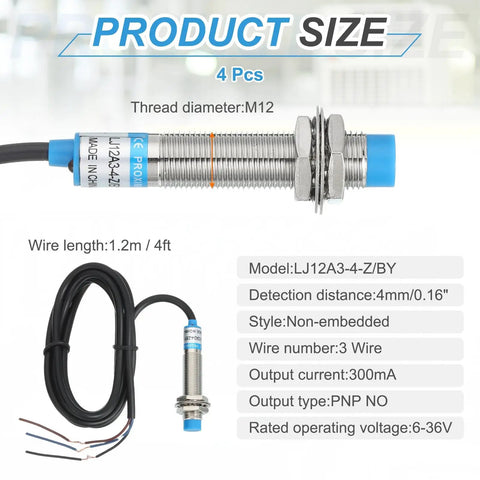 Inductive Proximity Sensor M12 4mm Sensing, 3-Wire PNP NO, DC 6-36V, 300mA Industrial Automation Detector for Metal Objects, Non-Contact Limit Switch Alternative, LJ12A3-4-Z/BY, M12 threaded sensor with cable