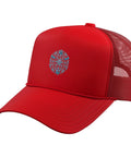 Cool Red Trucker Hat For Men Who Dig Machinist Vise Gauge Square Tools Great CNC Gifts With Adjustable Mesh Back And Foam Front Cap Style - close-up view with blue logo