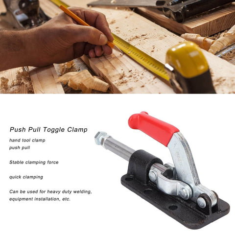 Push Pull Toggle Clamp For Heavy Duty Welding And Fabrication, 30607M Or 36330M in use on a wooden workbench.