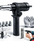 Electric Rivet Gun Adapter Kit With Removable Handle And Four Interchangeable Rivet Heads For Cordless Drills, shown with tools and gloves.