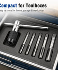 Beefy 6-Piece Metric Tap Wrench Set with adjustable T-handle and 4-jaw chuck, holds M3 to M8, in toolbox tray