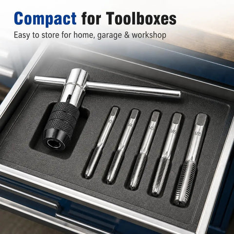 Beefy 6-Piece Metric Tap Wrench Set with adjustable T-handle and 4-jaw chuck, holds M3 to M8, in toolbox tray