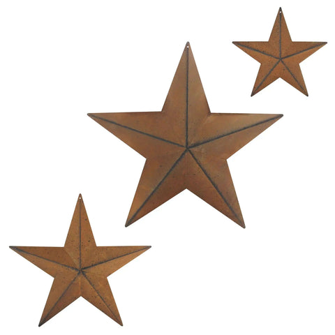 Rusty Barn Star Wall And Door Decor Set In Metal With Vintage Farmhouse Charm, Includes 12 Inch, 8 Inch And 5.5 Inch Stars, 3 Piece Set