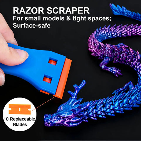 Blue scraper cleaning a purple 3D dragon model with replaceable blades, part of Must-Have 53 Piece 3D Printer Tool Kit With Nozzle Cleaning Needles.