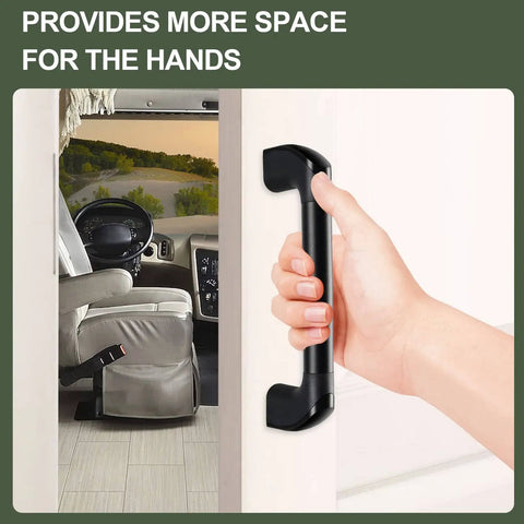 RV Grab Handle Set Aluminum Entry Door Assist Bar For Camper Trailer Truck Cargo Trailer And Boat 2 Pack Black Tough As Nails Rust Resistant Aluminum With ABS Mounts For Easy Secure Grip In Any Weather installed view