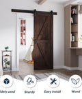 32 Inch By 84 Inch Brown Spruce Wood Barn Door With 5.5 Foot Hardware Track Kit Included installed in a modern room