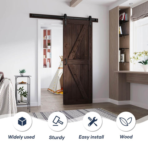 32 Inch By 84 Inch Brown Spruce Wood Barn Door With 5.5 Foot Hardware Track Kit Included installed in a modern room