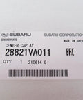 Subaru Wheel Center Cap 28821VA011 Black Hub Cap Replacement label showing part number and packaging details