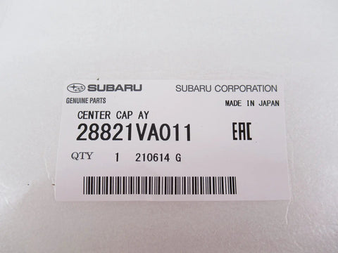 Subaru Wheel Center Cap 28821VA011 Black Hub Cap Replacement label showing part number and packaging details