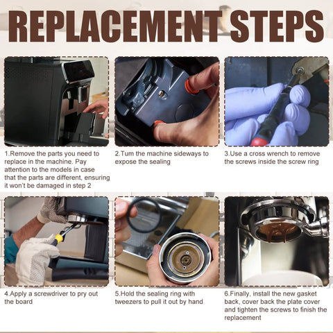 Step-by-step guide showing how to replace the 54mm silicone steam ring seal on compatible espresso machines.