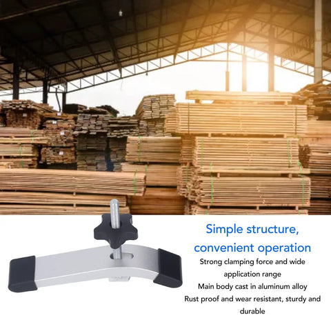 Heavy Duty T Track Hold Down Clamps Set 6 Point 2 Inch Pro Grade Aluminum Alloy in warehouse background with lumber stacks