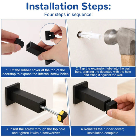 Installation steps for 3 Pack Door Stoppers With Rubber Tips Door Bumpers Wall Protectors, including screws and expansion tubes