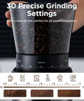 Straight Up Smooth Electric Conical Burr Coffee Grinder Sporting 30 Precision Adjustments with coffee beans and grind settings displayed.