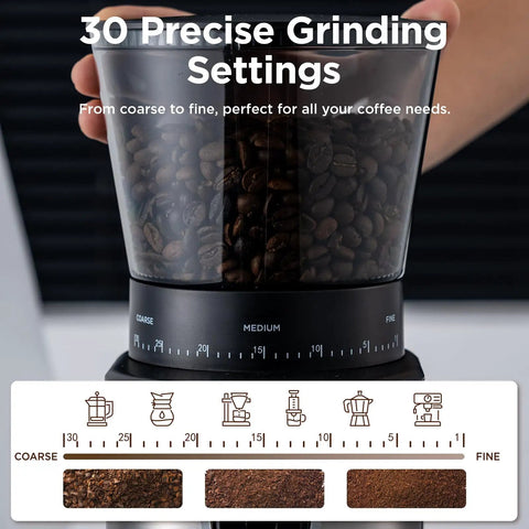 Straight Up Smooth Electric Conical Burr Coffee Grinder Sporting 30 Precision Adjustments with coffee beans and grind settings displayed.