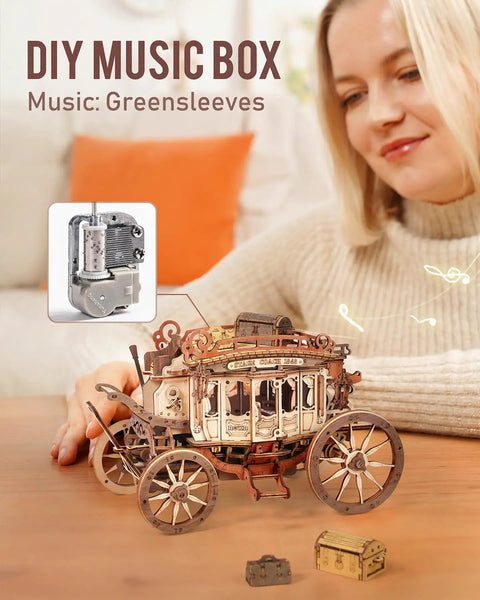 Stagecoach 3D Wooden Puzzle Kit For Adults Wind Up Music Box DIY Model Western Vehicle Craft Project Dope Gift For Ages 14 And Up Hands On Home Display, stagecoach model